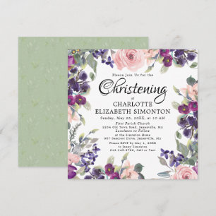 Plum Blush Floral Square Christening Invitations Kaart