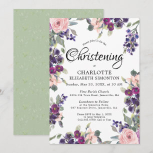 Plum Blush Paarse Floral Christening Invitation Kaart