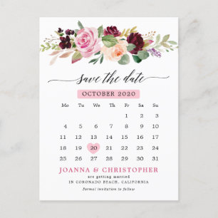 Plum Blush Pink Floral Calendar sparen de datum Aankondigingskaart