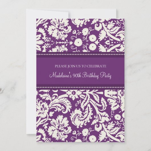 Plum Damask 90th Birthday Party Invitations Kaart (Voorkant)