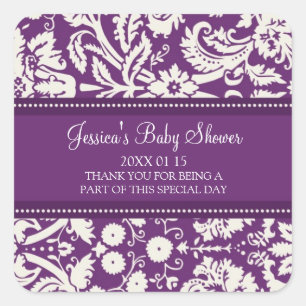 Plum Damask Baby shower Favor Stickers