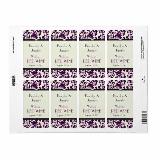 Plum Damask Bruiloft Mini Wijn Labels (Full Sheet)