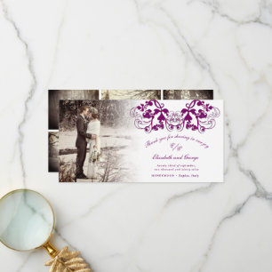 Plum  Damask Floral Flourish Photo Wedding Bedankkaart