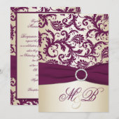 Plum Damask met PRINTED Ribbon Wedding Invite Kaart (Voorkant / Achterkant)