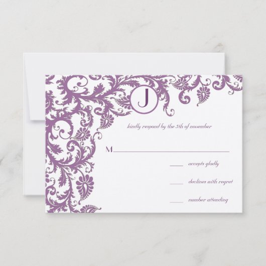 Plum Damask Monogram Wedding Kaart (Voorkant)