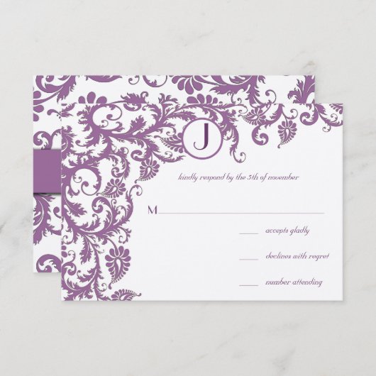 Plum Damask Monogram Wedding Kaart (Voorkant / Achterkant)