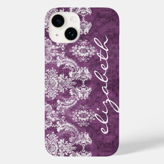 Plum  Damask Pattern en Name Case-Mate iPhone Case (Achterkant)