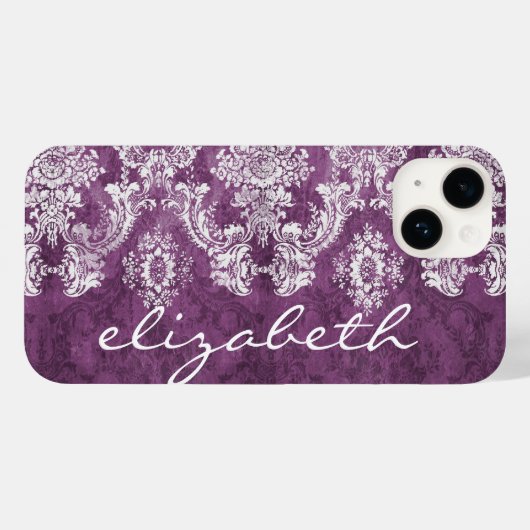 Plum  Damask Pattern en Name Case-Mate iPhone Case (Achterkant (horizontaal))