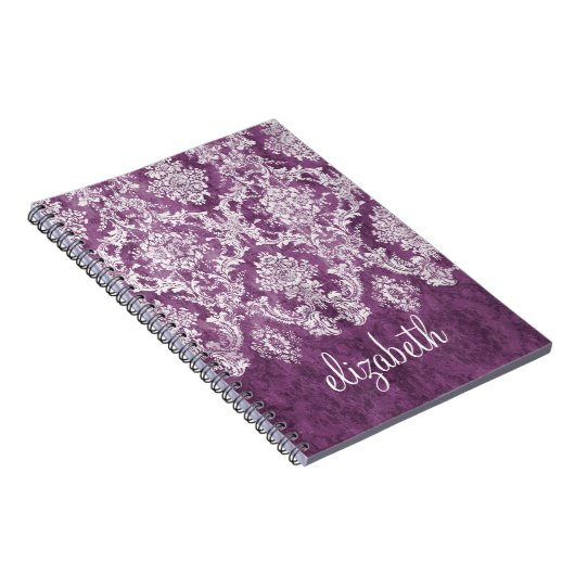 Plum  Damask Pattern en Name Notitieboek (Rechterzijde)