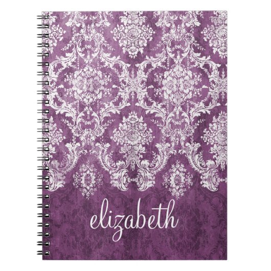 Plum  Damask Pattern en Name Notitieboek (Voorkant)