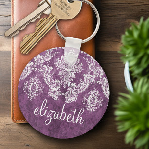 Plum Damask Pattern en Name Sleutelhanger