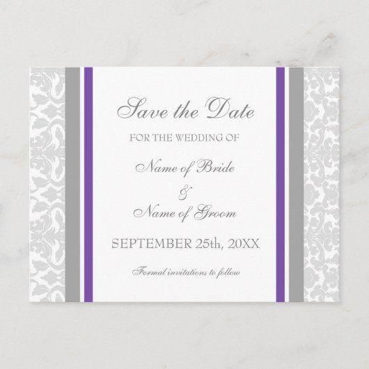 Plum Damask Save the Date Wedding Briefkaarten (Voorkant)