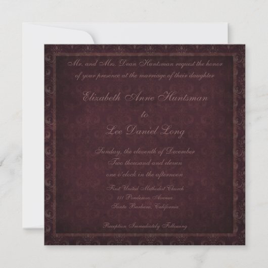 Plum Damask Wedding Invitation Kaart (Voorkant)