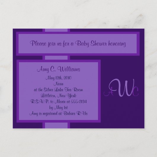 Plum Elegant Monogram Douche Uitnodiging Briefkaart (Voorkant)