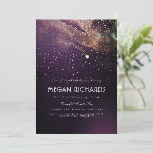 Plum en Gold Shooting Star Starry Verjaardagsfeest Kaart (Staand voorkant)