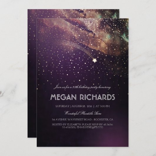 Plum en Gold Shooting Star Starry Verjaardagsfeest Kaart (Voorkant / Achterkant)