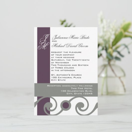 Plum en Grey Scroll Kaart (Staand voorkant)