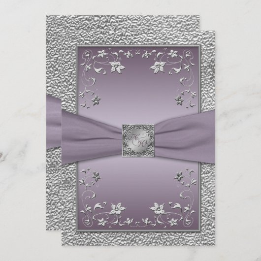 Plum en Pewter Floral Monogrammed Uitnodiging (Voorkant / Achterkant)