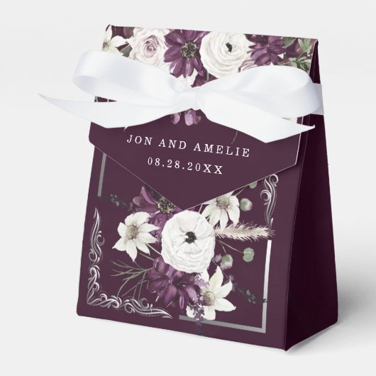 Plum en Silver Geometric Floral Wedding Bedankdoosjes (Voorkant Zijde)