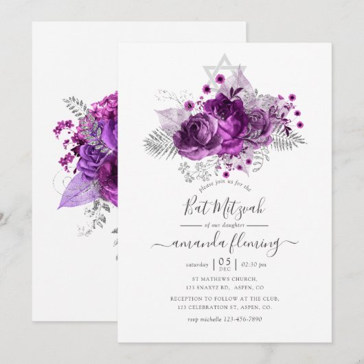 Plum en Silver Waterverf Bat Mitzvah Kaart (Voorkant / Achterkant)