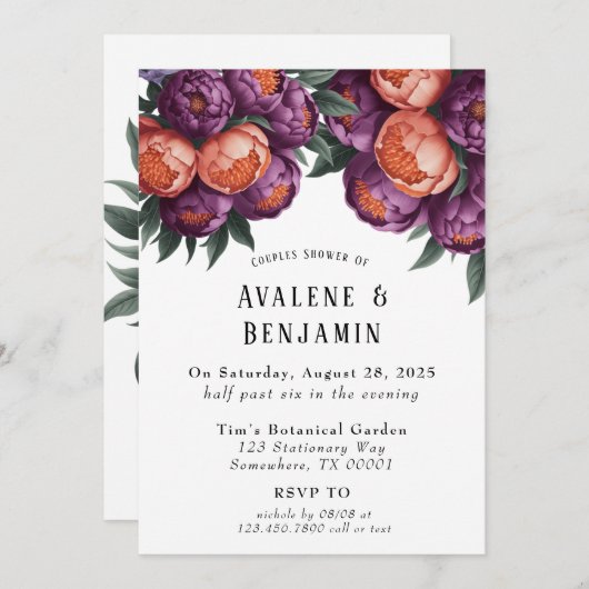 Plum en Sinaasappel geschilderde pioenenkoppels Do Kaart (Voorkant / Achterkant)