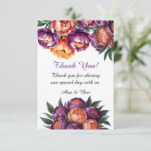 Plum en Sinaasappel Paint Peony Wedding Bedankkaart (Staand voorkant)