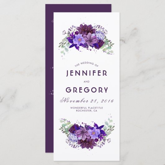 Plum en Violet Paarse Bloemen Trouwprogramma's Programma (Voorkant / Achterkant)