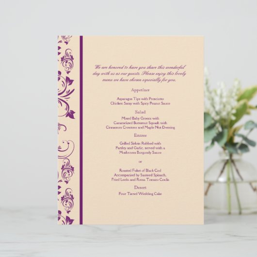 Plum et champagne Flore Saut Mariage Menu (Debout devant)