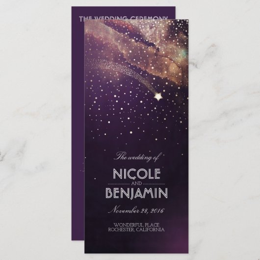 Plum et Gold Shooting Star Night Wedding Programme (Devant / Derrière)
