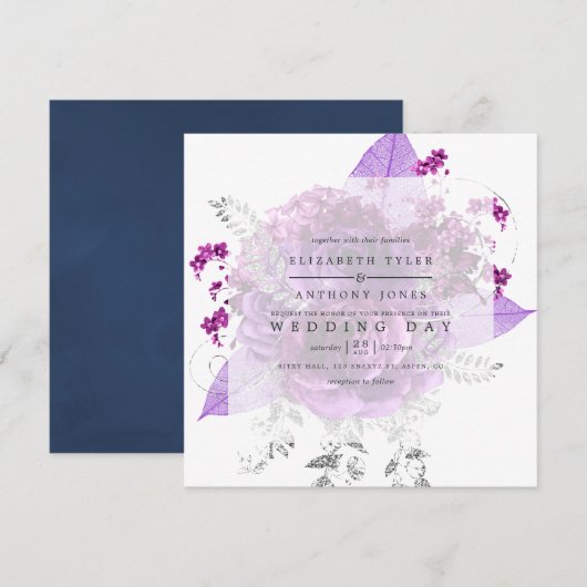 Plum et marine Aquarelle Faire-part de mariage flo (Devant / Derrière)