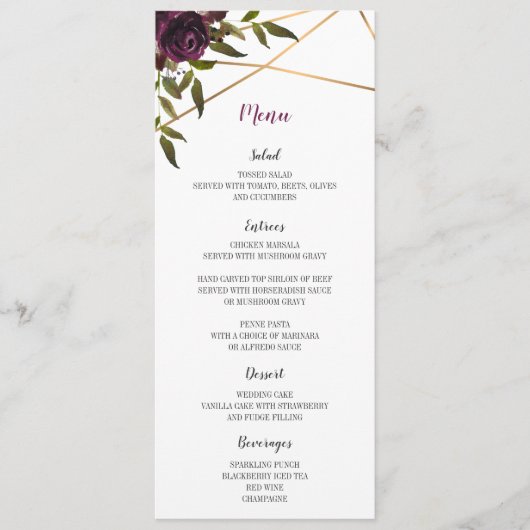 Plum Floral Faux Or Mariage géométrique Carte menu (Devant)
