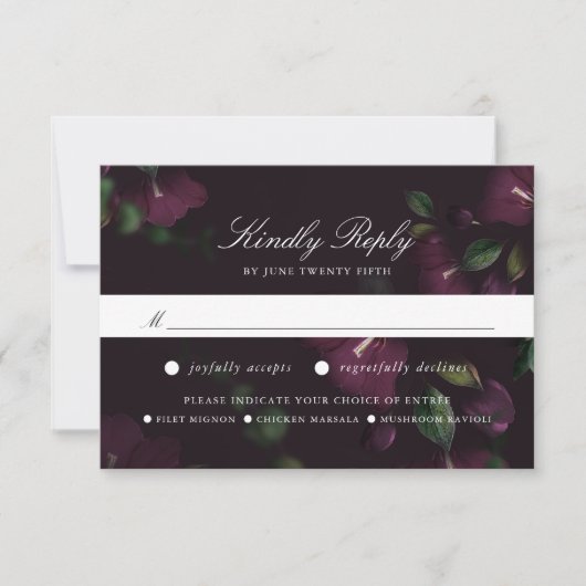Plum floral foncé | Carte RSVP avec choix de repas (Devant)