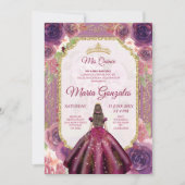 Plum Floral Rozen Girl Charra Mis Quince Kaart (Voorkant)