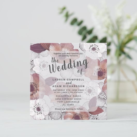 Plum floral rustique Faire-part de mariage pourpre (Debout devant)