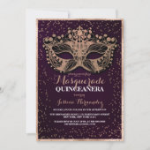 Plum Gold Glitter Confetti Masquerade Quinceañera Kaart (Voorkant)