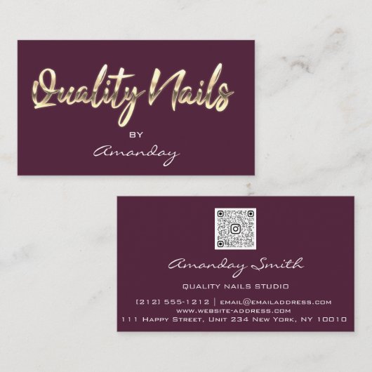 Plum Gold Quality Nail Script QR Code Logo Visitekaartje (Voorkant / Achterkant)