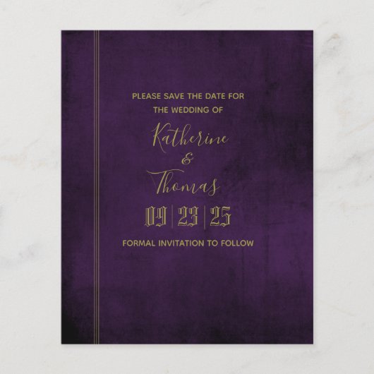 Plum & Gold Regal Save the Date Budget Flyer (Voorkant)