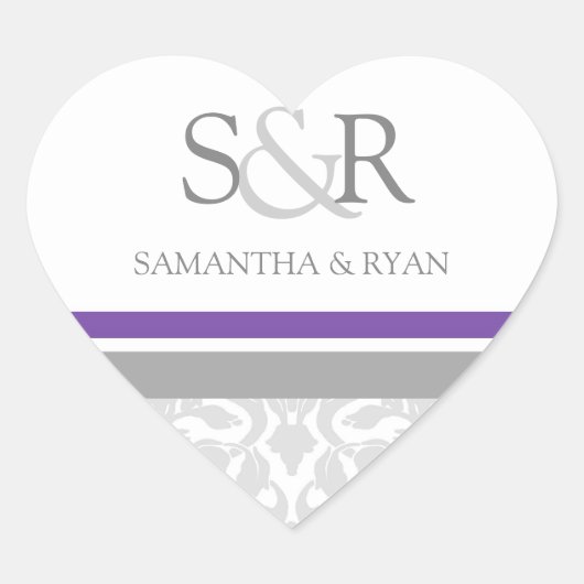 Plum Grey Damask Monogram Envelop Afdichting Hart Sticker (Voorkant)