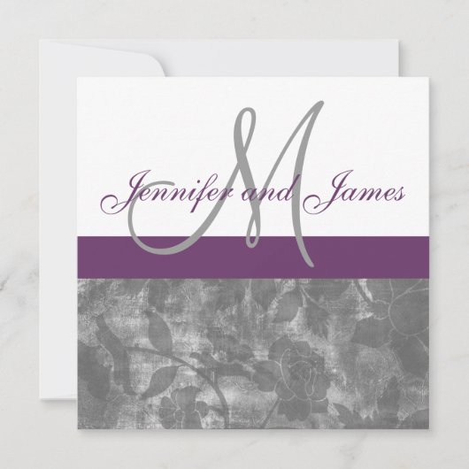 Plum Grey Wedding Invitation Monogram Floral Kaart (Voorkant)