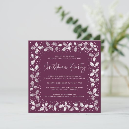Plum Hand Printed Holly+Berries kerstparty Kaart (Staand voorkant)