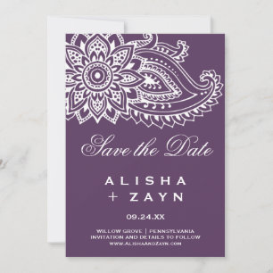 Plum Indian Paisley Save the Date Kaart