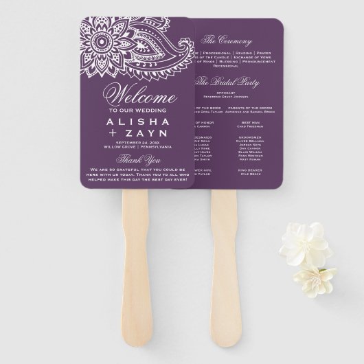 Plum Indian Paisley Wedding Programme Handwaaier (Voorkant en achterkant)