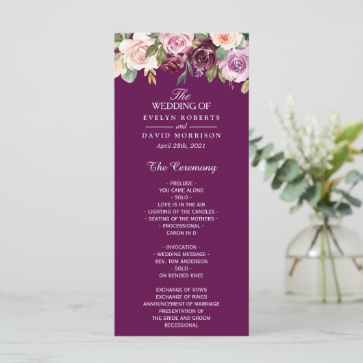 Plum Lila Paars Blush Floral Chic Wedding Programma (Staand voorkant)