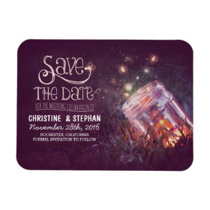Plum Mason Jar Fireflies Save the Date Magneet