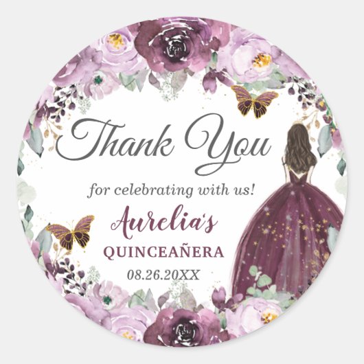 Plum Mauve Floral Butterflies Princess Favor Ronde Sticker (Voorkant)
