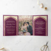 Plum Mauve Roos Gouden Glitter Indiase bruiloft Drieluik Uitnodiging (Binnen)