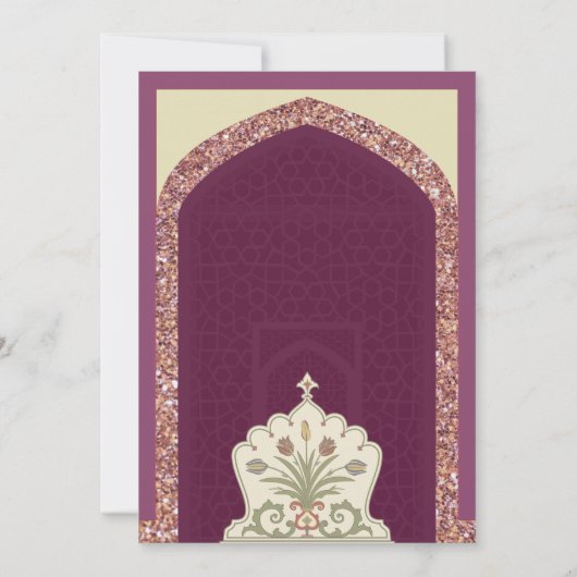 Plum Mauve Roos Gouden Glitter Mihrab Moslim Bruil Kaart (Achterkant)