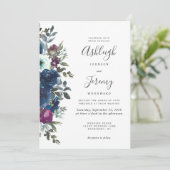 Plum Navy Blue Waterverf Floral Wedding Kaart (Staand voorkant)