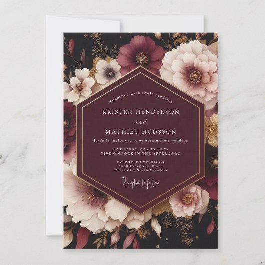 Plum Opulent Bloom Wedding Kaart (Voorkant)