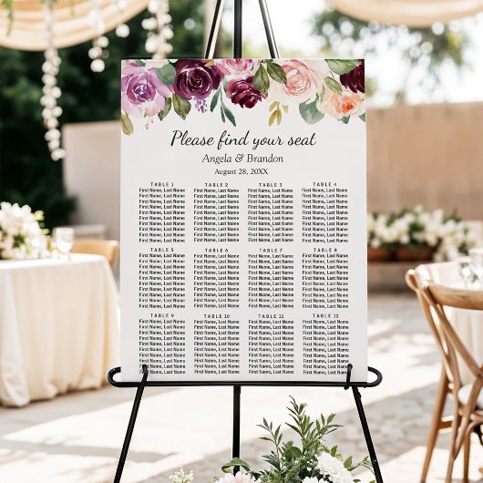 Plum Paars Blush Floral Wedding Seating Chart Poster